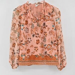 Joie Boho Peasant Top Womens Size XS Orange Floral Balloon Long Sleeve Blouse
